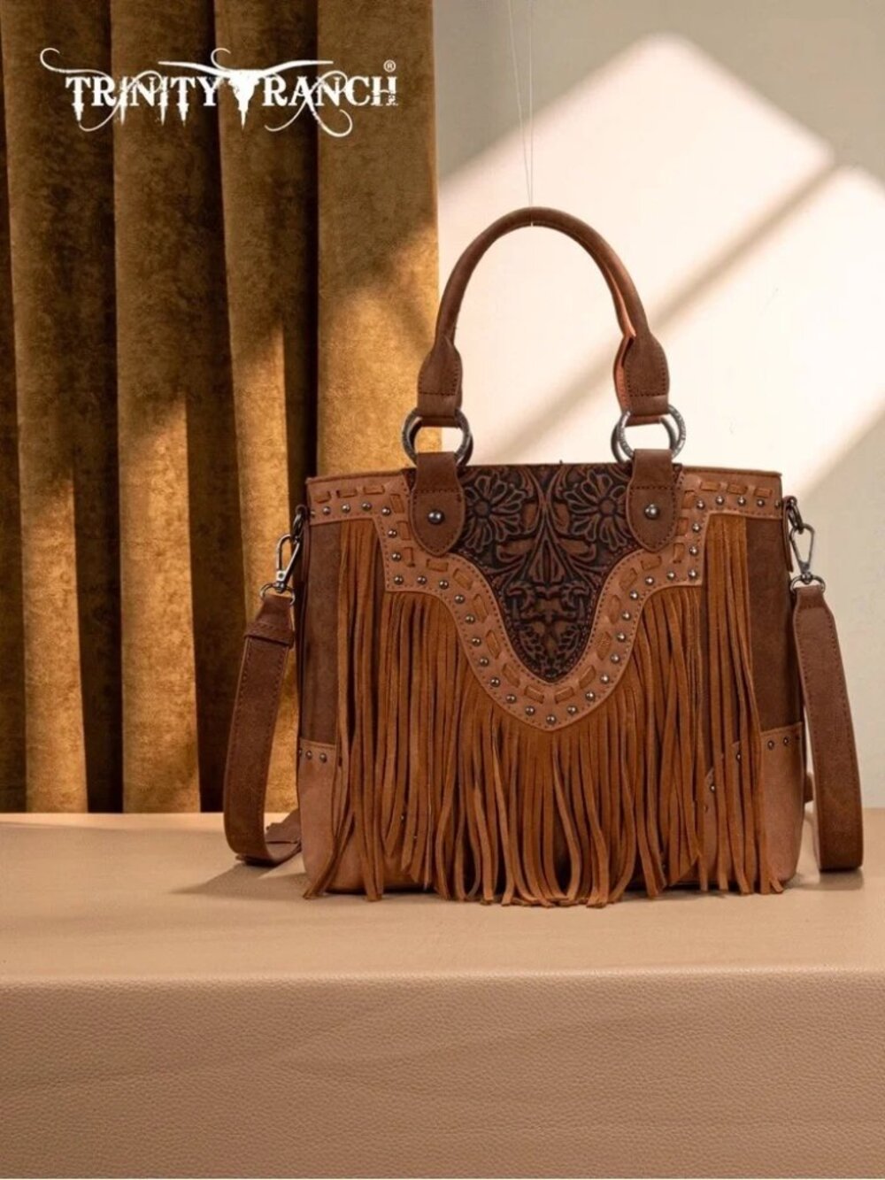 Trinity Ranch Floral Tooled Fringe Tote/Crossbody Brown NWT